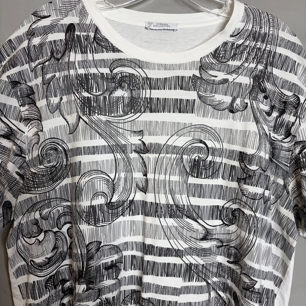 Versace Collection T Shirt Mens XXL Black White Fleur De Lis Cotton Tee - Picture 3 of 9